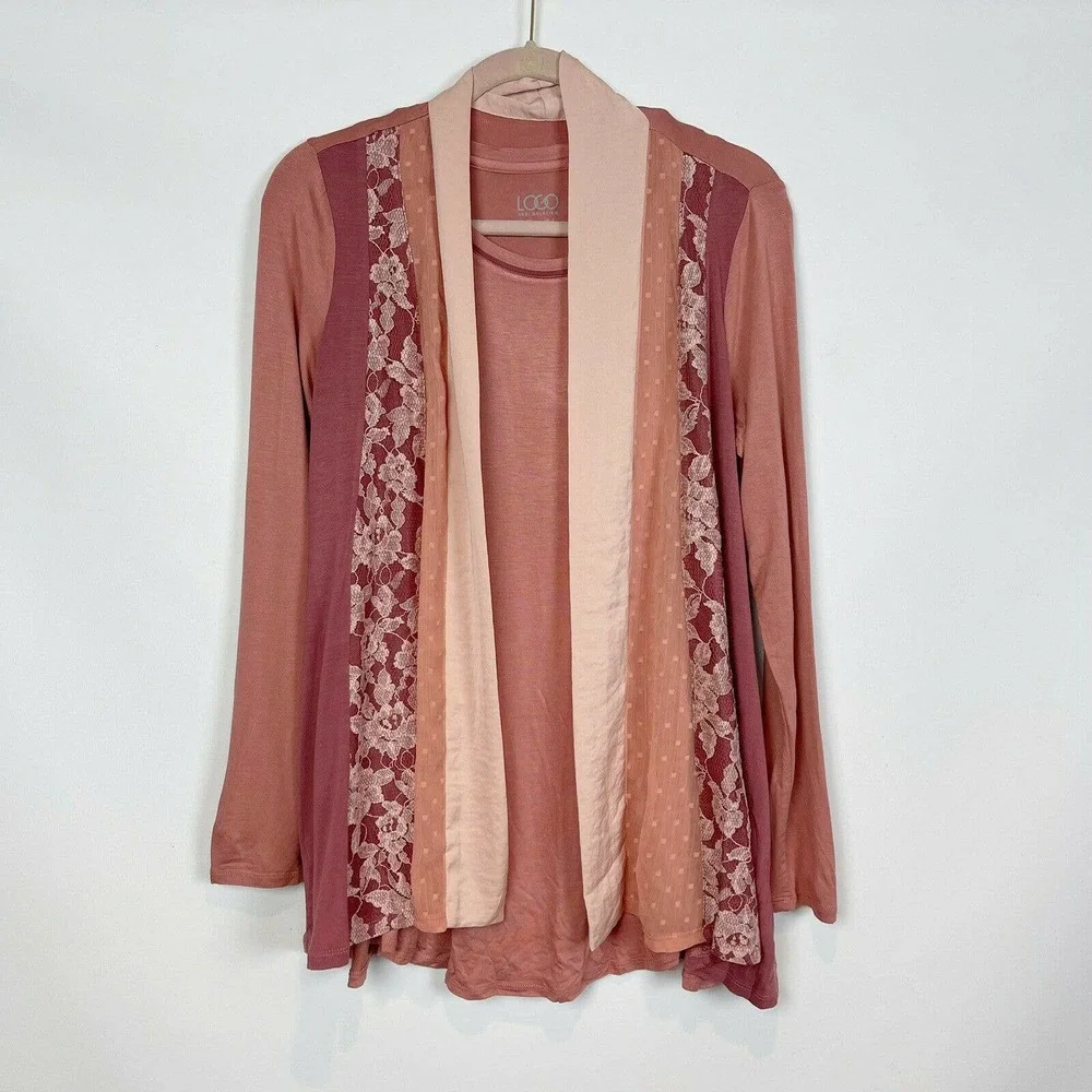 LOGO Lori Goldstein Womens Cardigan Tank Set XS Pink Open Front Panel NWOT